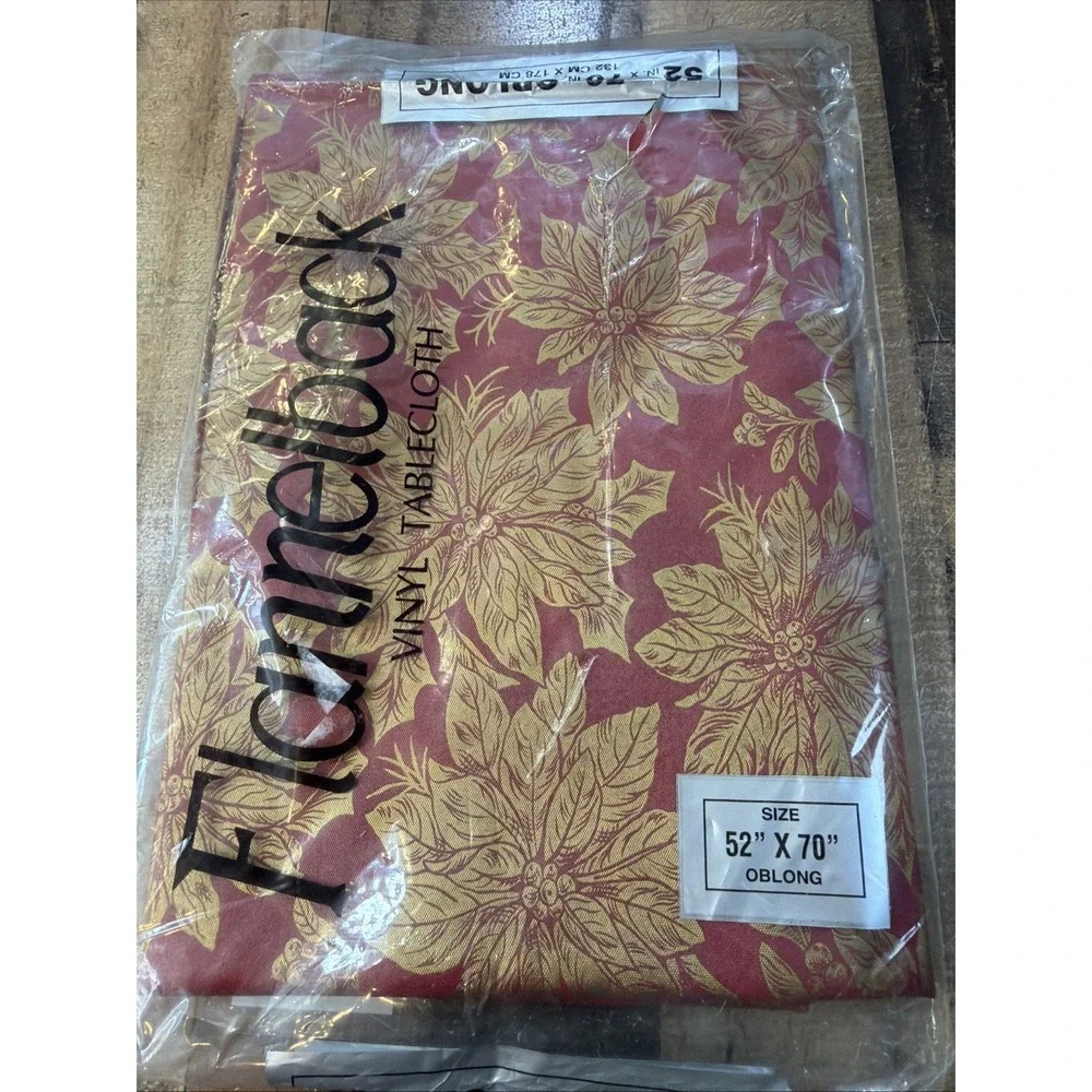VTG Christmas Poinsettia Flannel Back Vinyl Tablecloth 52x70 Oblong Red Gold NOS